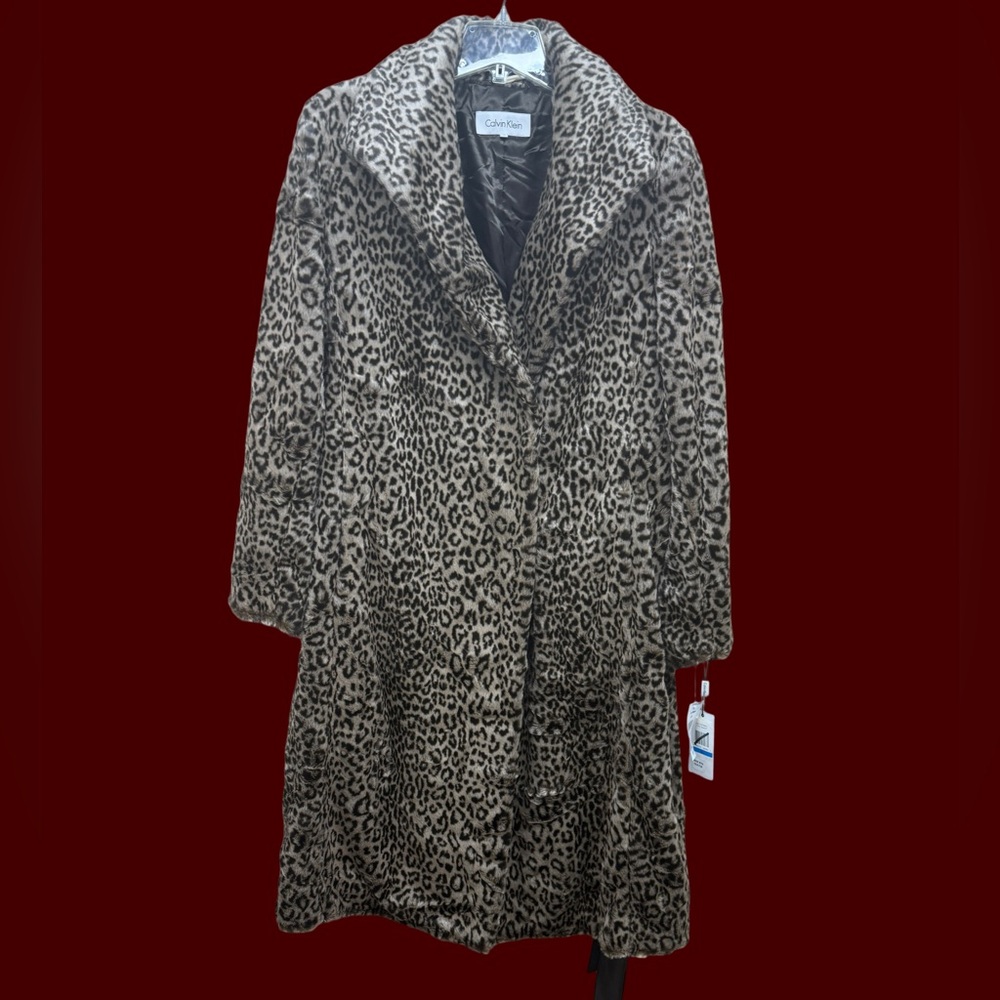 Calvin Klein Animal Print Faux Fur Coat with Brown Leatherette Belt - Picture 2 of 16